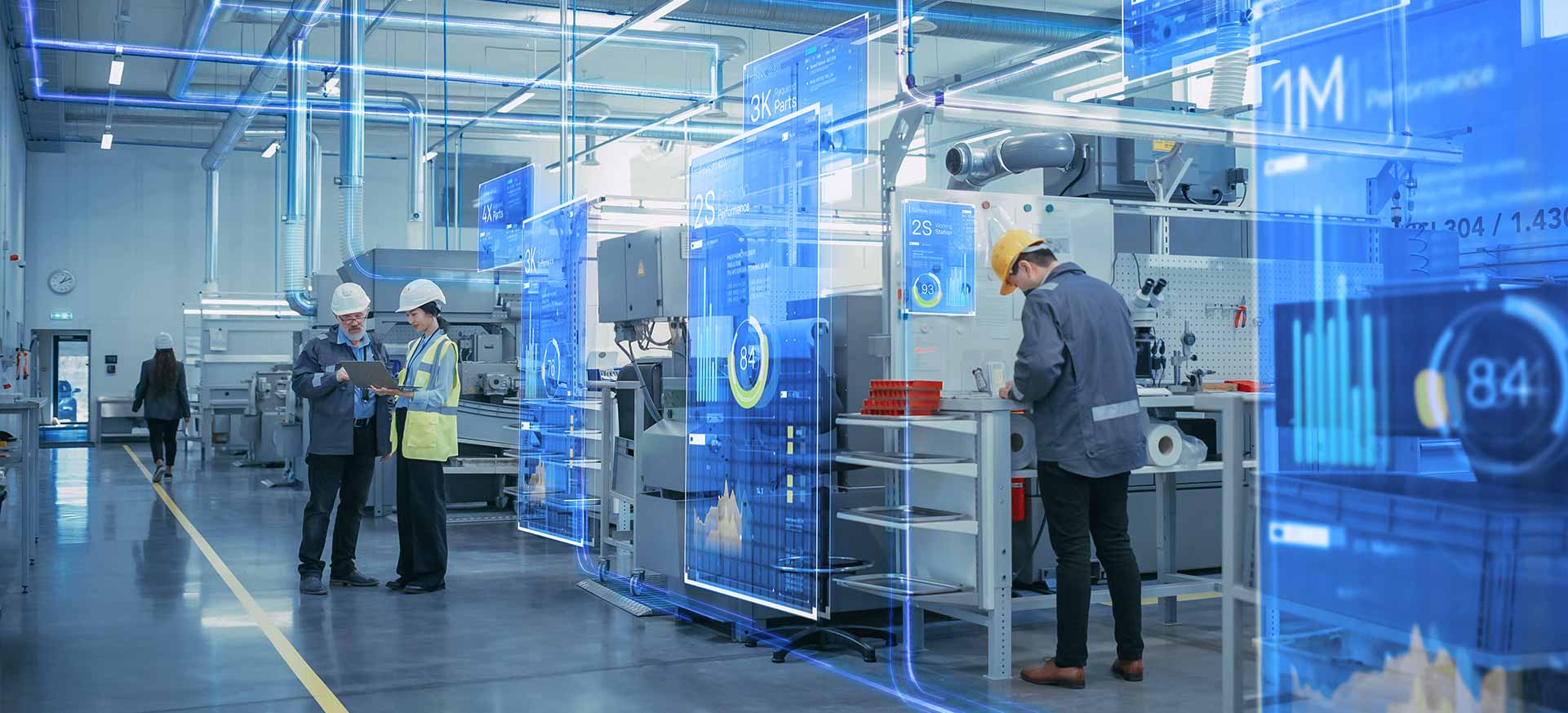 Fabrikdigitalisierung - Asset Administration Shell schematische Darstellung mit Arbeitern in einer Produktion.